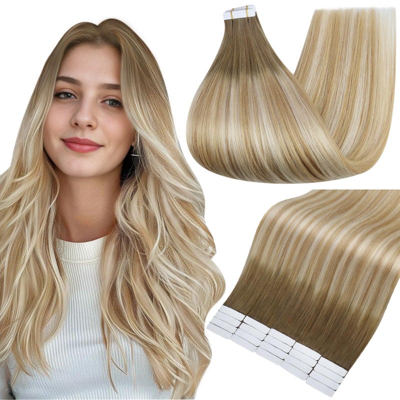 Fshine Full Shine Tape Hair Extensions Human Hair 16 Inch 50 Grams Tape in Hair Extensions Double Sided Color 6 Fading to 27 Honey Blonde Highlight 60 Blonde Seamless Skin Weft Extensions 20PCS Add Volume - Image 1